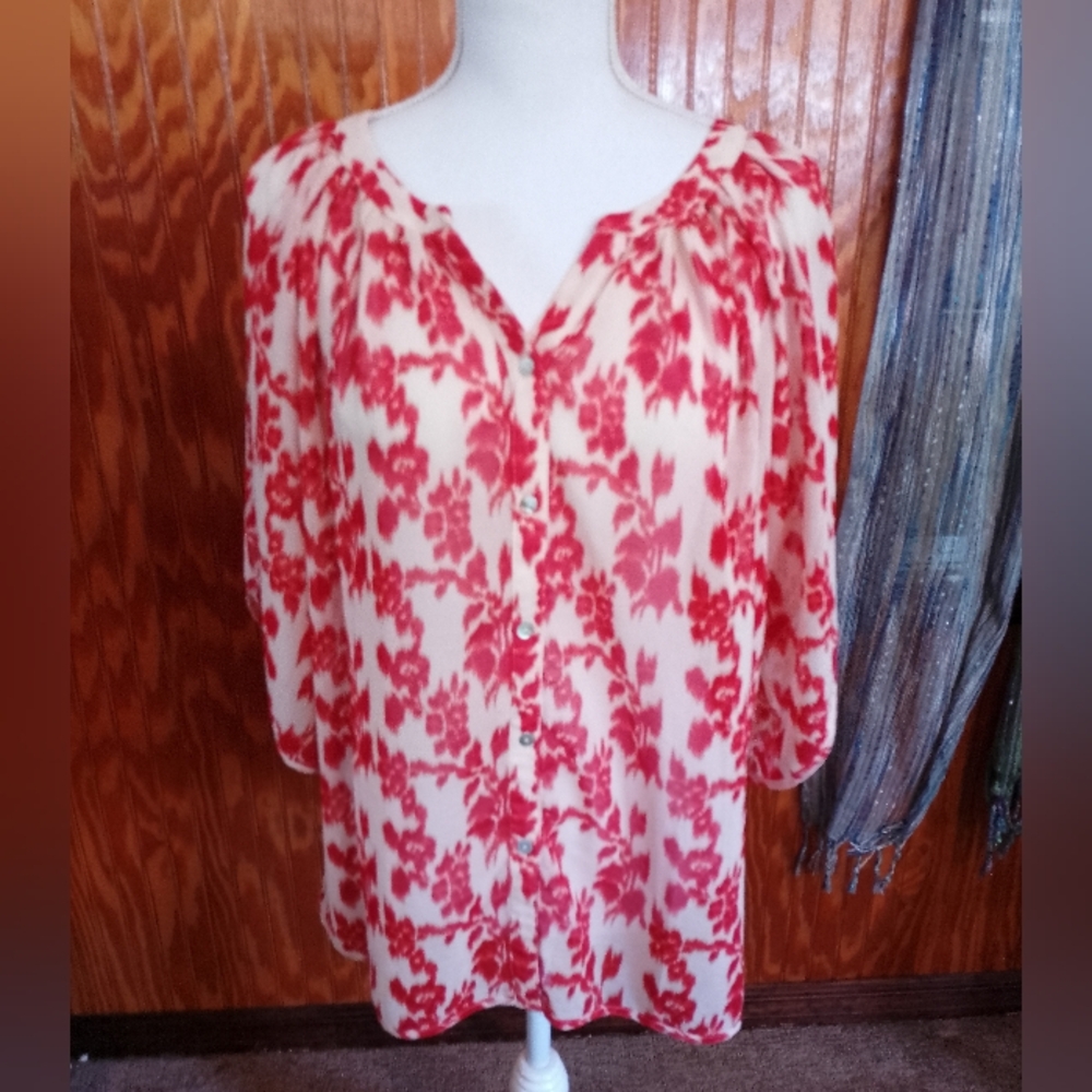 Francesca's Sheer Button Flare Short Sleeve Abstract Floral Print Blouse